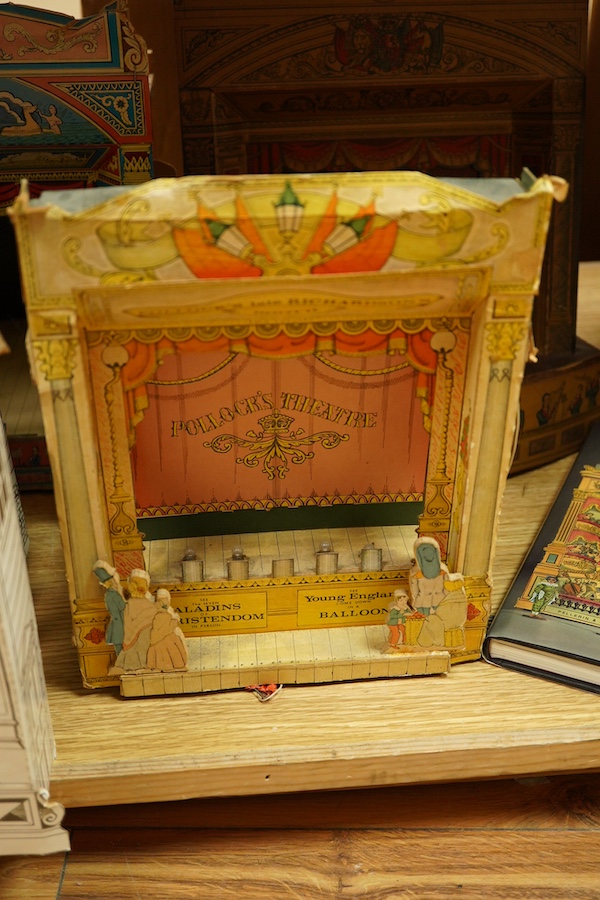Five card toy theatres and a book The World of Toy Theatres, by Peter Baldwin. Largest front panel 36.5cm high